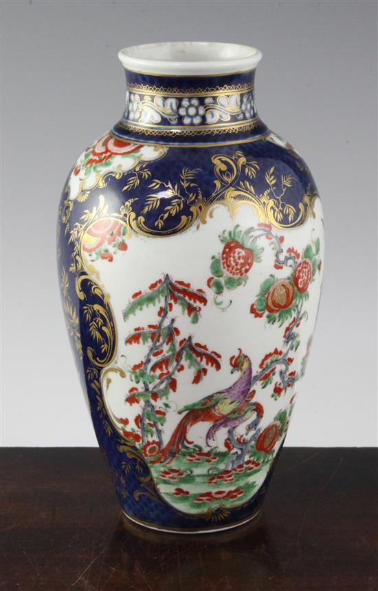 A Worcester Ho-Ho bird blue scale ovoid vase, c.1770, 8.25in.